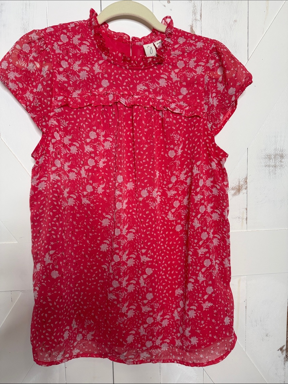 Joie Red-Pink Floral Ruffle Neck Blouse - Picture 11 of 11